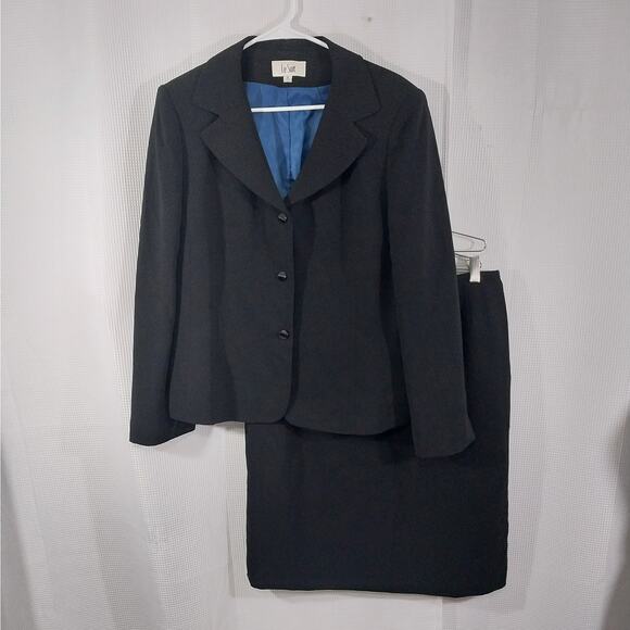 LE SUIT! RICH BLACK MICRODOT, WIDE LAPEL 2PC SKIRT & JACKET SUIT SET! SZ 16 - Picture 2 of 14